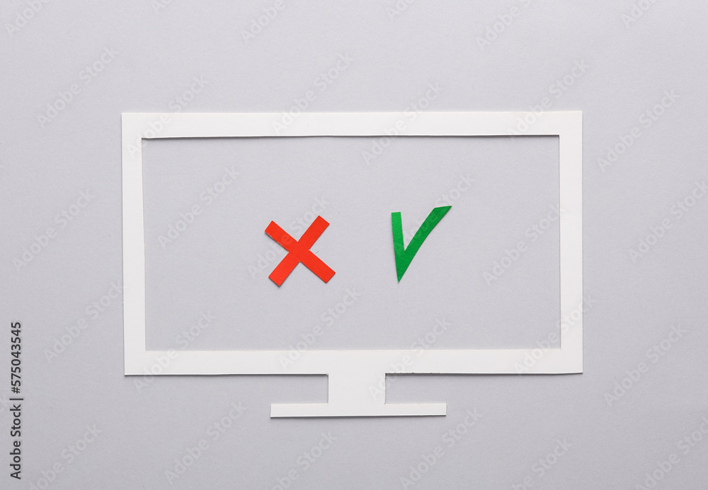 Paper cut tv with reject and accept sign on gray background