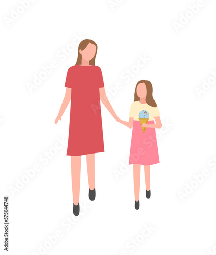 Mother and daughter with ice cream isolated cartoon characters. Vector woman and girl at summer fair, people spend time together, happy family mom and child