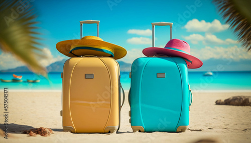 Illustration of vacation on tropical sunny beach and beautiful sand. Pastel  modern suitcases are in the center of the frame. Beginning of the holidays. Palm  turquoise ocean  sunny day. Generative AI