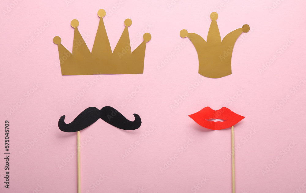 Mustache And Lips On A Stick With Crown On A Pink Background King And Mustache and lips on a stick with crown on a pink background king and