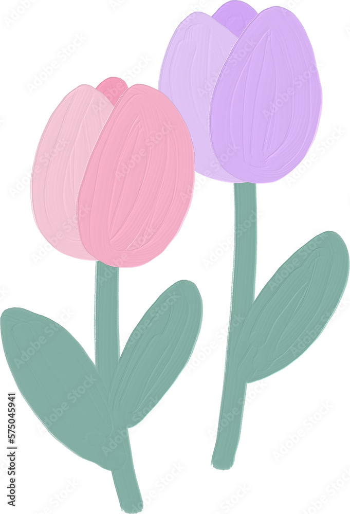 Pink and purple cute tulip flower illustration hand drawn. Kawaii floral in oil painting style.