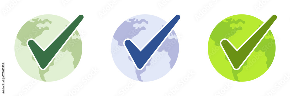 Planet earth and check mark. Set of illustrations Planet earth and check mark. Set of illustrations