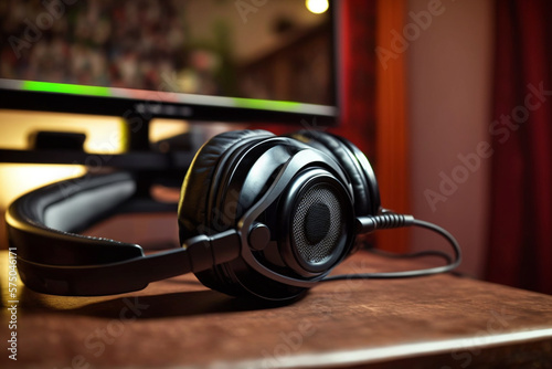 Black headphone. Headsets are headphones that have a headband, headphones and a microphone. Phone on a table, gamer headset for PC and mobile devices.