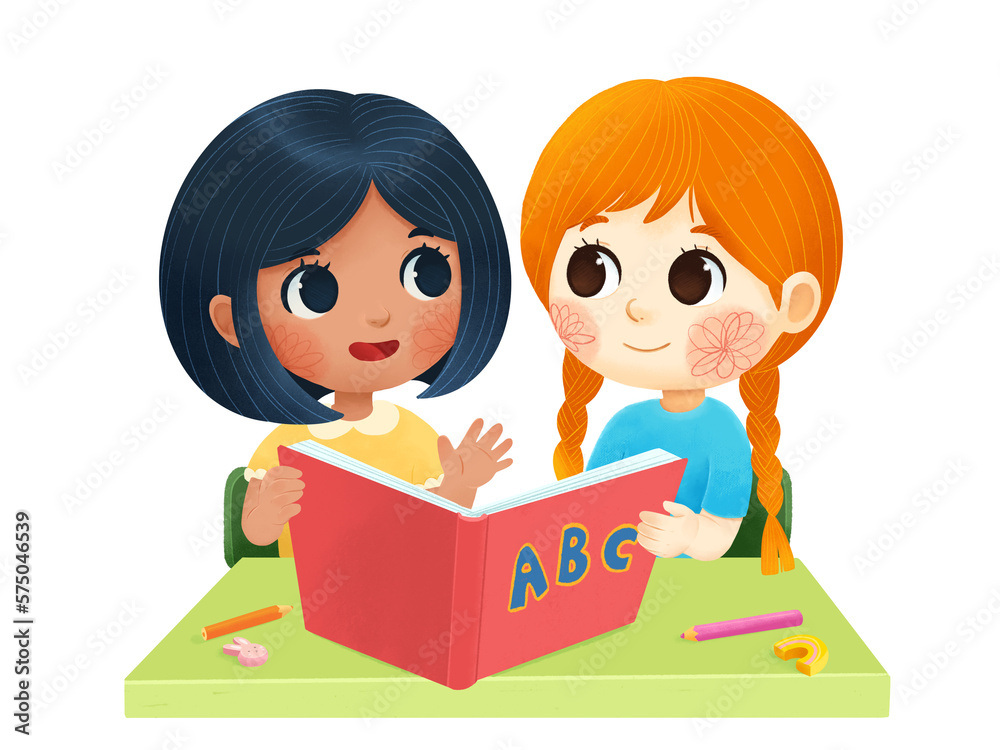 Learning together two children girls reading a book Learning together two children girls reading a book