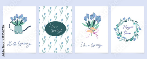 Hello Spring greeting card set with flowers and handwritten lettering. Minimalist style modern vector prints in soft colors.