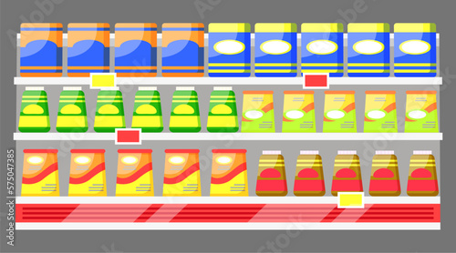 Supermarket food and ingredients assortment. Package with meal in refrigerator on shelf. Shopping in groceries department. Buying products in container with emblems. Vector in flat style illustration