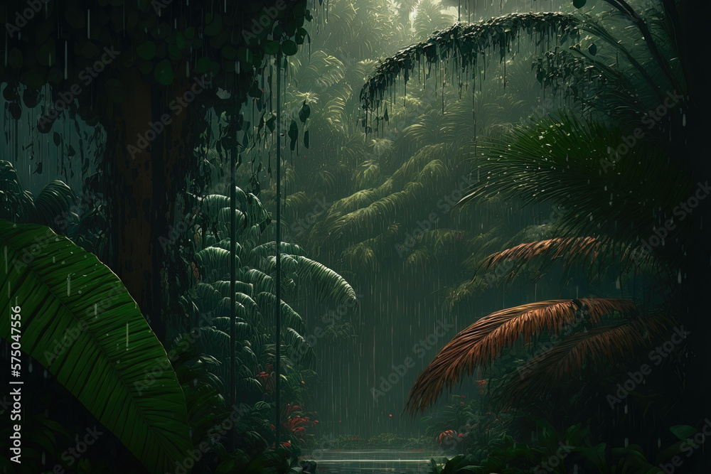 Tropical dark forest in the rain. AI