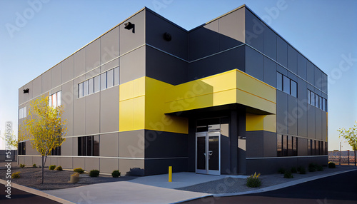 exterior of a modern warehouse with a small office unit