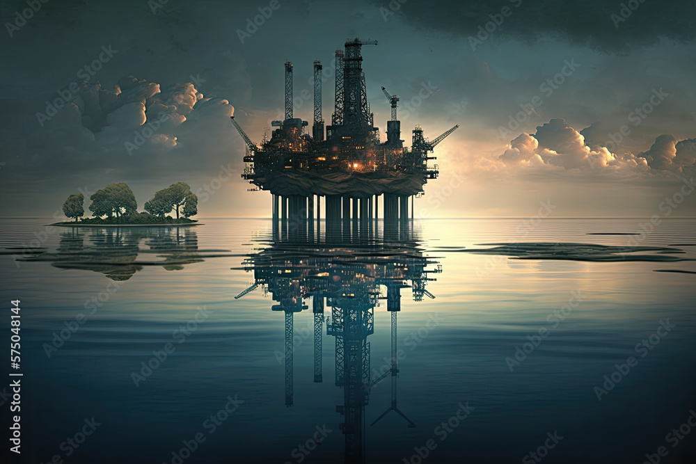a derelict and abandoned oil platform or gas rig in the sea. Generative AI