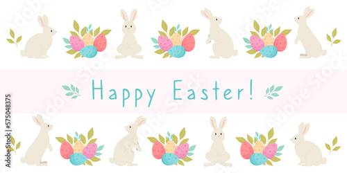 Happy easter horizontal web banner with bunny and eggs. Minimalism style.