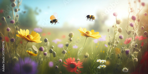 Natural habitat for bees, wildflowers and wild herbs on a flower meadow field, generative ai