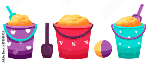 Set of kids tools bucket and spade with ball. Vector cartoon illustration