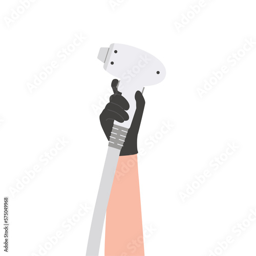 Flat woman hand holding professional apparatus for laser hair removal. Vector illustration of a medical machine for epilation hair follicles on body