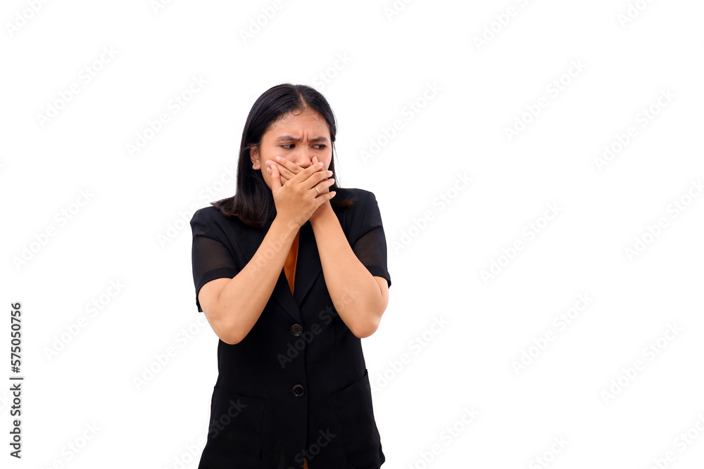 Young asian business woman covering her mouth while glancing sid Young asian business woman covering her mouth while glancing sid