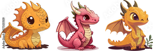 Cartoon dragon set. Fairy cute dragonfly icons collection. Baby fire dragon or dinosaur cute characters isolated vector. Fairytale monsters.