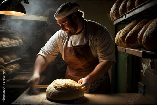 food, male chubby baker baking in bakery warm tones