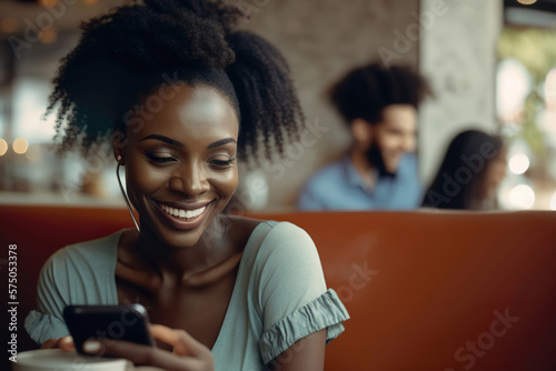 Young beautiful african american woman using smartphone in a city. Smiling student girl sitting in a cafe and texting on her phone, generative ai