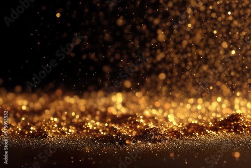 Glitter gold lights grunge fall to the floor, Glitter gold defocused twinkly lights background. Generative AI.
