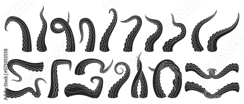 Tentacle of octopus vector black icon set . Collection vector illustration octopus on white background. Isolated black illustration icon set of tentacle for web design.