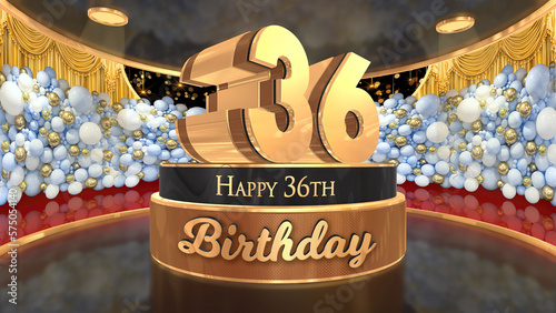 36th Birthday backdrop, poster, flyer 3d render illustration in gold with balloons and fireworks background photo