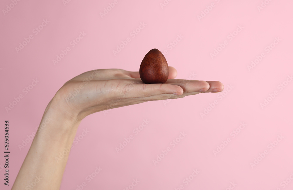 Obraz na plátně Woman's hand holding avocado seeds or walnut on pink background