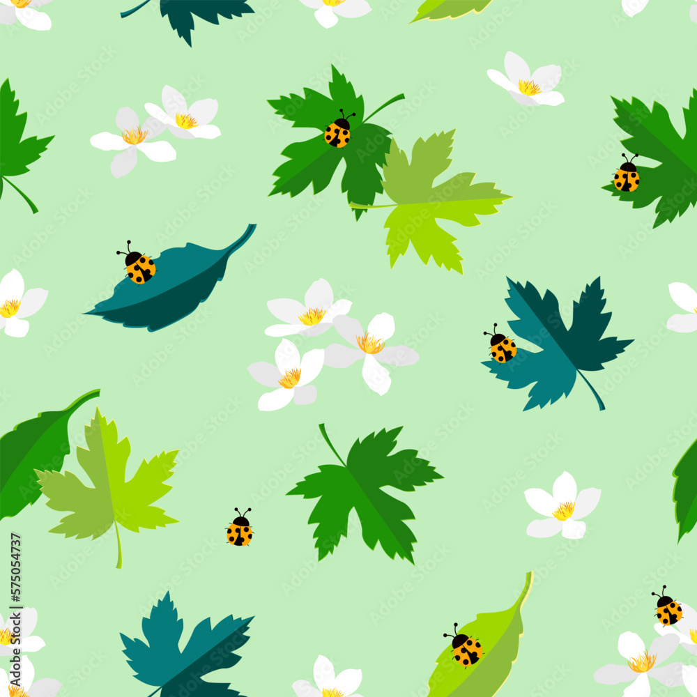 Spring seamless pattern with blooming white flowers and ladybug on pastel green background
