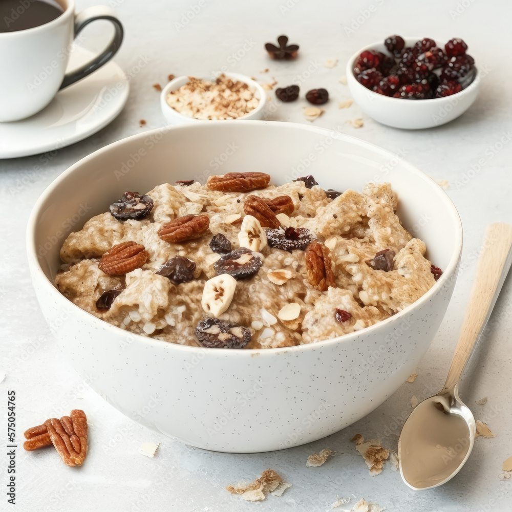 a bowl of oatmeal with berries and nuts. generative ai a bowl of oatmeal with berries and nuts. generative ai