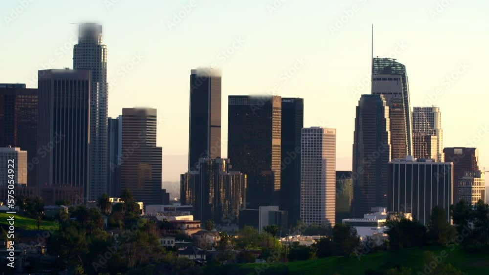 Lockdown Of A Soaring Downtown City Skyline With Soft Morning Sunlight - Los Angeles, California Lockdown Of A Soaring Downtown City Skyline With Soft Morning Sunlight - Los Angeles, California