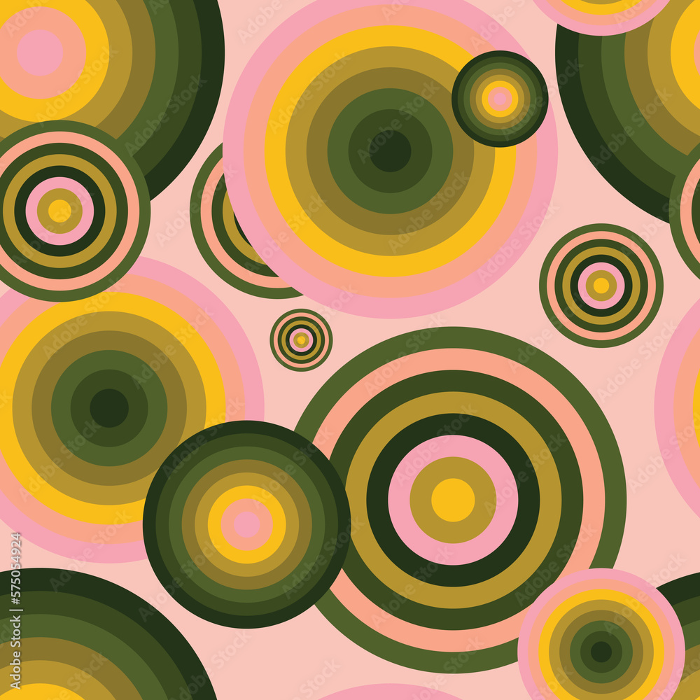 Color palette circles create a seamless pattern with geometric colored spheres scattered randomly for trendy fabrics. 