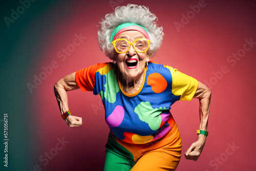Fototapeta Naklejka Na Ścianę i Meble -  Old woman doing sport exercise. Generative AI.