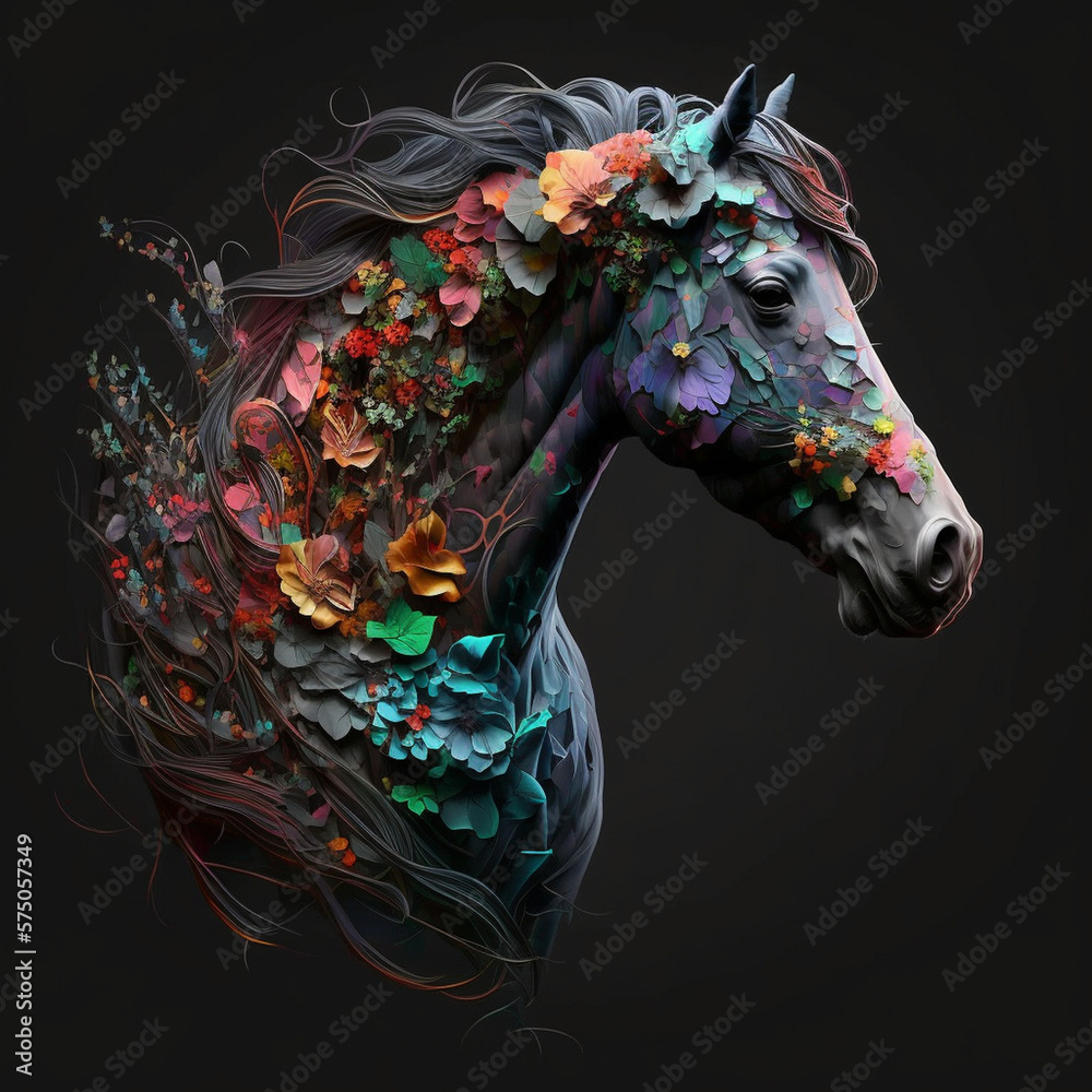 Horse with a wreath of flowers, Generative AI