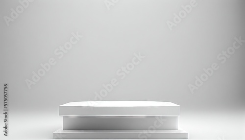 Empty podium or pedestal display on white background with cylinder stand concept. Blank product shelf standing backdrop. 3D rendering. Generative AI.