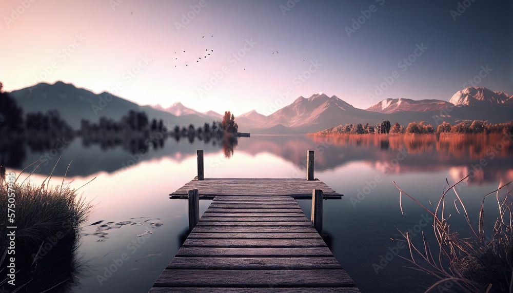 Obraz premium Old wooden pier by the lake, morning at the lake. Generative AI.