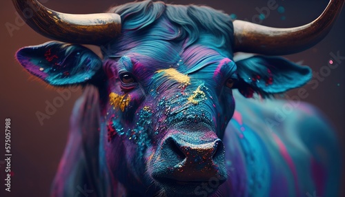 Portrait face of a bull with bright colors, generative AI
