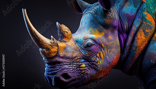 Portrait face of a rhinoceros with bright colors, generative AI © GustavsMD