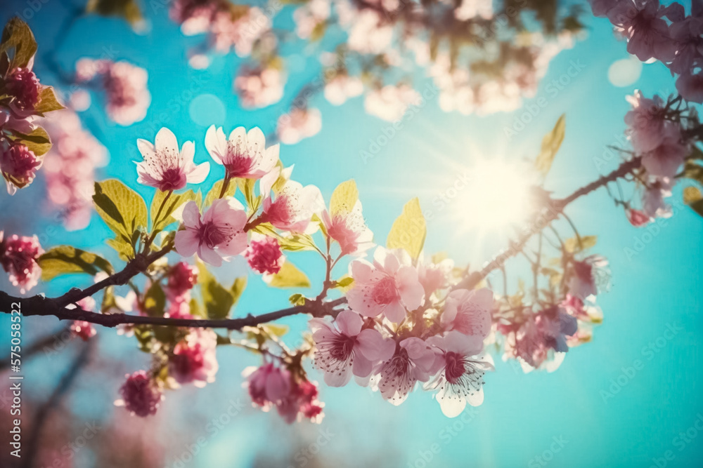 Cherry blooming. Spring blossom tree pink flowers and abstract background with bokeh sunlights. generative ai
