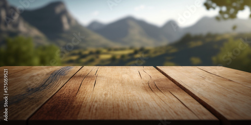 table de présentation produit au premier plan avec paysage de montagne à l'arrière plan, bokeh, mock-up