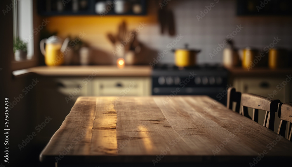 table en bois au premier plan, pour présentation produit,
mock-up, arrière plan intérieur d'une cuisine, effet bokeh