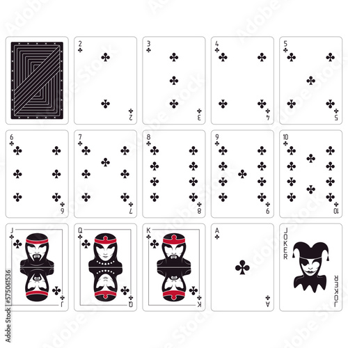 Playing cards. Set of cards on a white background. Clubs. Poker size. 