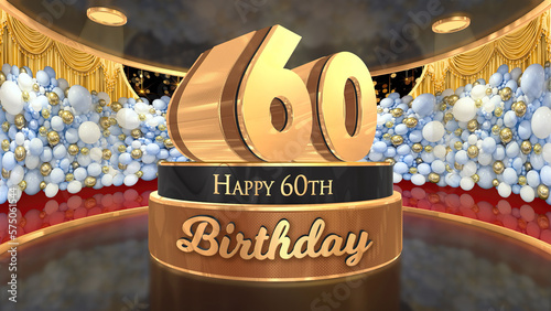 60th Birthday backdrop, poster, flyer 3d render illustration in gold with balloons and fireworks background