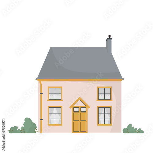 Flat vector illustration of European house, cottage with chimney and bushes,
windows, doors. The exterior of the building on an isolated white background in a minimalist style.