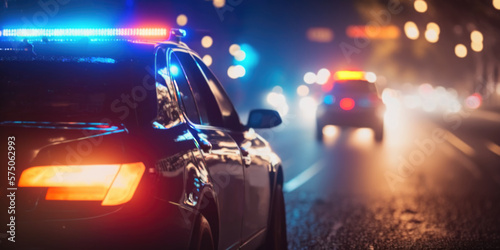 Fotografia Night-Time Police Patrol Car with Emergency Flashing Red and Blue Lights