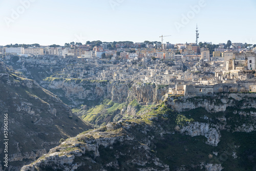 Panorama of Matera, a UNESCO World Heritage Site. European Capital of Culture. View from the Murgia Park. Timeless walk inside Paleolithic caves. City similar to Jerusalem. Unforgettable journey