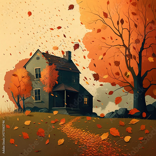 Vintage Autumn Landscape Illustration, Leafs falling 