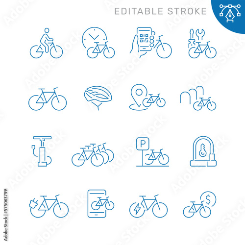 Bicycle related icons. Editable stroke. Thin vector icon set