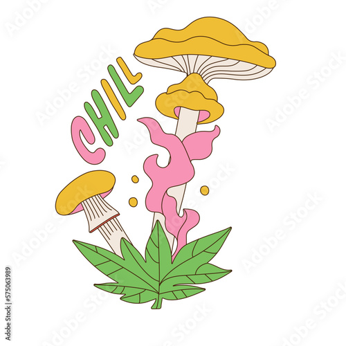 Hand drawn illustration of retro mushrooms bunch, cannabis leaf with typography lettering text - Chill. Groovy retro hand draw vector illustration.