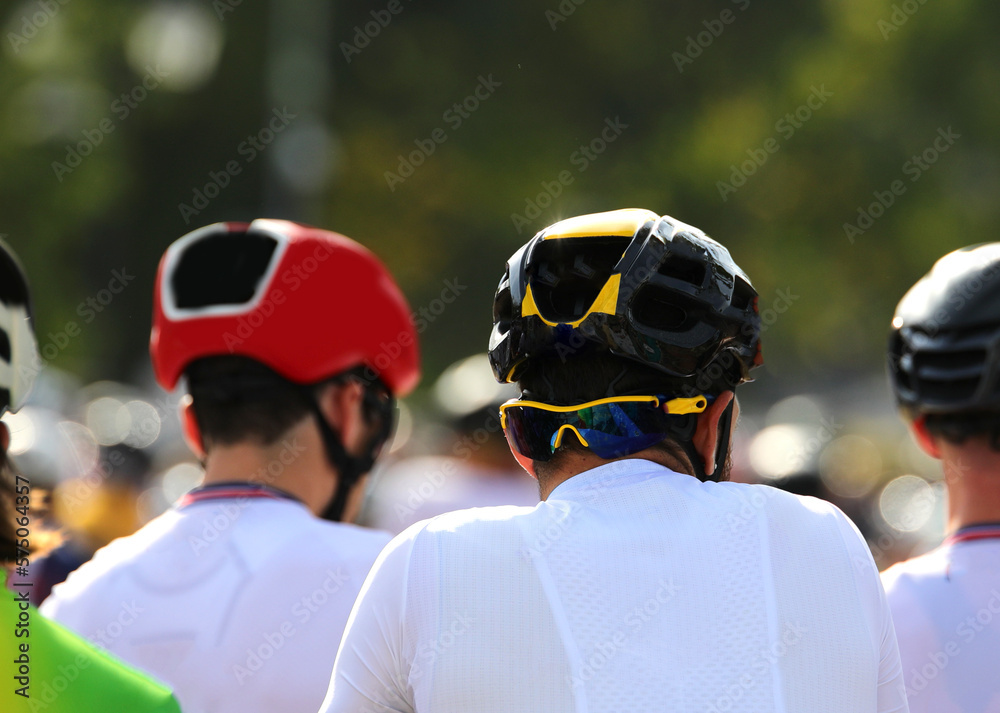 Fototapeta premium cyclist with helmet to head protection during the cycling race