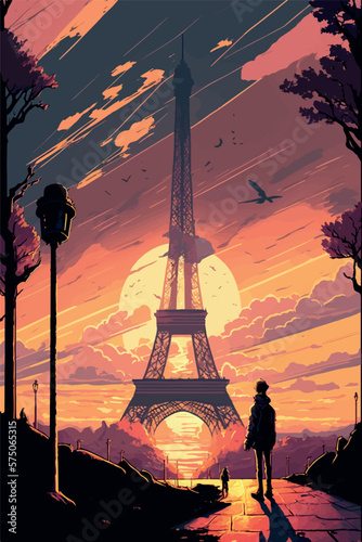 eiffel tower silhouette, vectorial eiffel tower, illustration of a sunset in paris