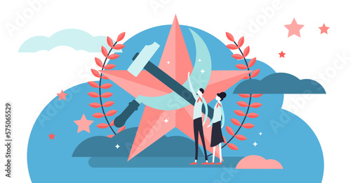Communism illustration, transparent background. Flat tiny social ideology person concept. Symbolic red star, hummer and sickle power and strength propaganda elements.