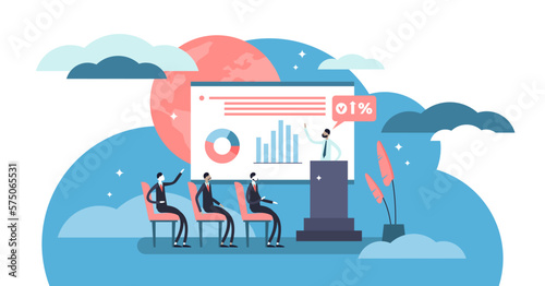 Conference illustration, transparent background. Flat tiny presentation meeting persons concept. Office seminar and professional group teamwork to speech strategy and finance.
